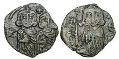 BYZANTINE EMPIRE. Constantine V, 741-775 AD. Æ Follis (2.33 gm) of Syracuse. Emperor and Leo IV standing / Leo III standing. S.1569. VF, green black patina.
