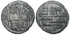 BYZANTINE EMPIRE. Leo VI the Wise, 886-912 AD. Æ Follis (7.27 gm) of Constantinople. Leo and Alexander enthroned facing, holding standard between / Four-line legend. S.1730. aXF, brown black patina, s
