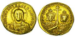 BYZANTINE EMPIRE. Constantine VII, 913-959 AD. Gold Solidus (4.32 gm) of Constantinople. Facing bust of Christ / Busts of emperor & Romanos II. S.1751. aXF