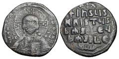 BYZANTINE EMPIRE. Constantine IX, 1042-1055 AD. Æ Anonymous Follis, Class A3 (9.06 gm) of Constantinople. Bust of Christ facing / Legend. S.1818. aVF, brown patina.