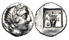 LYCIA, Lycian League, Limyra. 167-81 BC. AR Drachm (2.68 gm), Period II. Laureate head of Apollo / Lyre with helmet all in incuse square. Trox.36.2. aXF Rare. [Est. $450]