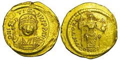 BYZANTINE EMPIRE. Justin II, 565-578 AD. Gold Solidus (4.47 gm) of Constantinople. Crowned bust facing / Constantinoplis seated. S.345. aXF, weak spot at edge. [Est. $625]