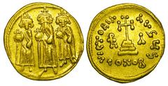 BYZANTINE EMPIRE. Heraklios, 610-641 AD. Gold Solidus (4.39 gm) of Constantinople, off. S. Emperor standing between both sons / Cross on steps. S.764. aXF. [Est. $750]
