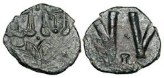 BYZANTINE EMPIRE. Constantine V, 741-775 AD. Æ Follis (2.48 gm) of Syracuse. Emperor and Leo IV standing / LK, cross above. S.1635. Uneven VF+, black patina. [Est. $125]