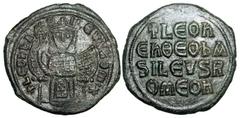 BYZANTINE EMPIRE. Leo VI, 886-912 AD. Æ Follis (10.60 gm) of Constantinople. Leo enthroned holding labarum / Legend. S.1728. aXF, dark green patina. [Est. $275]
