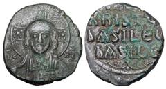 BYZANTINE EMPIRE. Constantine VIII, 1025-1028 AD. Æ “Anonymous” Follis, Class A3 (9.66 gm) of Constantinople. Nimbate bust of Christ facing, holding Gospels / Legend. S.1818. aXF, green black patina. 