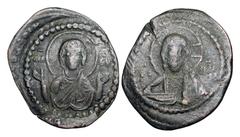 BYZANTINE EMPIRE. Romanos IV Diogenes, 1068-1071 AD. Æ Anonymous Follis (7.94 gm), cl. G, of Constantinople. Facing bust of Christ / Facing bust of the Virgin Mary orans. S.1867. VF, olive green patin