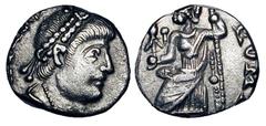 BRITAIN. Post-Roman period, V Century AD. AR Siliqua (1.00 gm). Diademed draped bust / Roma enthroned with Victory and sceptre. Toned VF. Cut down from IV Century siliqua. Time of the legendary King A