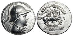 BAKTRIAN KINGDOM. Eukratides I, 171-145 BC. AR Tetradrachm (16.83 gm), of Balkh, chief workshop. Helmeted bust / The Dioskouroi on horseback. SNG.ANS.472. MIG.177e. aXF. Choice. [Est. $2000]