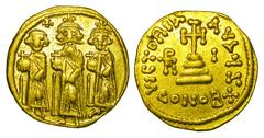 BYZANTINE EMPIRE. Heraklios, 610-641 AD. Gold Solidus (4.39 gm) of Constantinople. Emperor & two sons standing / Cross on steps. S.762. Off. S. Near Mint. Scarce. [Est. $750]
