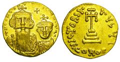 BYZANTINE EMPIRE. Constans II, 641-668 AD. Gold Solidus (4.30 gm) of Constantinople, off I. Facing crowned busts of emperor & son / Cross. S.959. Near Mint. [Est. $750]