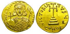 BYZANTINE EMPIRE. Philippicus, 711-713 AD. Gold Solidus (4.40 gm) of Constantinople. Crowned bust facing with globe and sceptre / Cross on four steps. S.1447. XF. Rare. [Est. $3000]