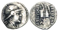 BAKTRIAN KINGDOM. Eukratides, 171-135 BC. AR Obol (0.66 gm). Helmeted draped bust / Caps of the Dioskouri. M.1722. Toned VF.