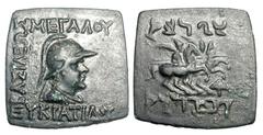 BAKTRIAN KINGDOM Eukratides I, 171-145 BC. Square Æ Hemiobol (7.97 gm). Helmeted bust / The Dioskouroi riding. Bop.19C. SNG.ANS.541. aXF, dark brown patina.