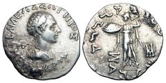 BAKTRIAN KINGDOM. Menander I Soter, 155-130 BC. AR Tetradrachm (9.51 gm). Diademed bust / Athena standing wielding thunderbolt and shield. Mitch.1765. Toned VF+, patch of horn silver on obv.