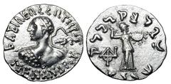 BAKTRIAN KINGDOM. Menander I Soter, ca. 155-130 BC. AR Drachm (2.32 gm). Bust viewed from behind, brandishing spear / Athena advancing l. holding shield and thrusting thunderbolt. MIG.221b. SNG.ANS.70