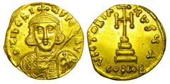 BYZANTINE EMPIRE. Tiberius III, 698-705 AD. Gold Solidus (4.33 gm) of Constantinople. Crowned bust facing, holding spear / Cross potent on steps S.1360. XF. Rare.