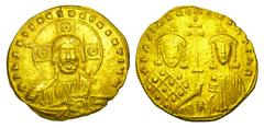 BYZANTINE EMPIRE. Basil II, 976-1025 AD. Gold Histamenon Nomisma (4.10 gm) of Constantinople. Bust of Christ facing / Cross between Basil & Constantine VIII. S.1796. VF+. Scarce.