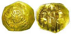 BYZANTINE EMPIRE. Andronicus II and Andronicus III, 1325-1334 AD. Gold Hyperpyron (4.56 gm) of Constantinople. The Virgin orans within city walls with 4 towers / Christ standing between emperors. DOC.