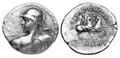BAKTRIAN KINGDOM. Eukratides, 170-145 BC. AR Tetradrachm (15.45 gm). Helmeted heroic bust wielding spear / The Dioscuri riding holding palms. SNG.ANS.485. Toned VF+. Rare.