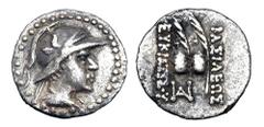 BAKTRIAN KINGDOM. Eukratides, 171-135 BC. AR Obol (0.64 gm). Diademed draped bust / Caps of the Dioskouri. SNG.ANS.496. Toned VF+.
