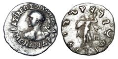 BAKTRIAN KINGDOM. Menander I Soter, 155-130 BC. AR Drachm (2.34 gm). Heroic bust with spear / Athena standing with thunderbolt and aegis. SNG.ANS.724. Toned VF+.