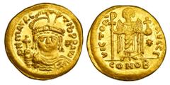 BYZANTINE EMPIRE. Maurice Tiberios, 582-602 AD. Gold "Light Weight" Solidus (23 Siliqua) (4.30 gm) of Antioch. Crowned bust facing / Angel standing. S.528. Near Mint, graffiti. Scarce.