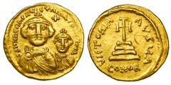 BYZANTINE EMPIRE. Heraklios, 610-641 AD. Gold Solidus (4.27 gm) of Constantinople. Crowned facing busts of emperor & son / Cross on four steps. S.738. VF+.