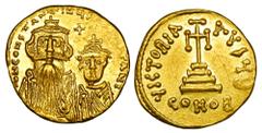 BYZANTINE EMPIRE. Constans II, 641-668 AD. Gold Solidus (4.37 gm) of Constantinople. Crowned facing busts of emperor & son / Cross on steps. S.959. XF, light graffito on rev. Scarce.