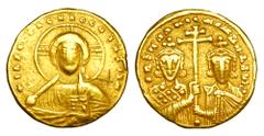 BYZANTINE EMPIRE. Constantine VII, 913-959 AD. Gold Solidus (4.34 gm) of Constantinople. Facing bust of Christ / Busts of emperor & Romanos II. S.1751. VF