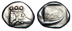 LYCIA, Phaselis. 500-440 BC. AR Tetrobol (3.44 gm). Prow of galley in the form of a forepart of a boar / Stern of galley in incuse square. SNG.vAulock.4394. VF+