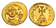 BYZANTINE EMPIRE. Heraklios, 610-641 AD. Gold Solidus (4.46 gm) of Constantinople. Crowned facing busts of emperor & son / Cross on four steps. S.738. Near Mint