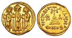 BYZANTINE EMPIRE. Heraklios, 610-641 AD. Gold Solidus (4.40 gm) of Constantinople. Emperor standing between both sons / Cross on three steps. S.764. XF+.