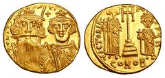BYZANTINE EMPIRE. Constans II, 641-668 AD. Gold Solidus (4.43 gm) of Constantinople. Crowned facing busts of Constans & son / Heraklios & Tiberios standing. S.964. Near Mint. Scarce.