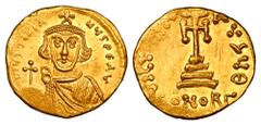 BYZANTINE EMPIRE. Justinian II, First Reign, 685- 695 AD. Gold Solidus (4.38 gm) of Constantinople. Crowned bust facing / Cross on four steps. S.1247. XF+. Scarce.