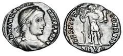 VALENTINIAN I, 364-375 AD. AR Siliqua (1.81 gm) of Lugdunum. Diademed draped and cuirassed bust / Emperor standing holding labarum and Victory. RIC.6b2. Toned VF. ex E. Harptree Hoard. The East Harptr