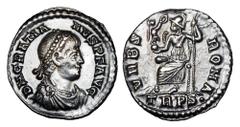 GRATIAN, 367-383 AD. AR Siliqua (1.88 gm) of Trier, 375-379. Diademed draped cuirassed bust / Roma seated on cuirass holding Victory and sceptre. RIC.46b.1. Toned Near Mint. ex E. Harptree hoard. The 