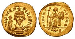 BYZANTINE EMPIRE. Phokas, 602-610 AD. Gold Solidus (4.24 gm) of Constantinople. Crowned facing bust / Angel standing. S.618. Near Mint.