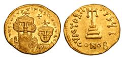 BYZANTINE EMPIRE. Constans II, 641-668 AD. Gold Solidus (4.35 gm) of Constantinople. Crowned busts of emperor & son facing / Cross on three steps. S.959. XF.
