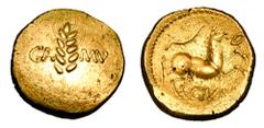 CELTIC BRITAIN. TRINOVANTES. Cunobeline, 10-40 AD. Gold Stater (5.37 gm). Grain-ear between CA MV / Celticized horse, branch above. S.281. XF.