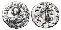 BAKTRIAN KINGDOM. Menander I Soter, 155-130 BC. AR Drachm (2.42 gm). Heroic bust with spear / Athena standing with thunderbolt and aegis. SNG.ANS.723. aXF.