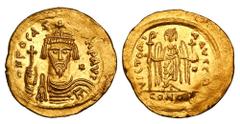 BYZANTINE EMPIRE. Phocas, 602-610 AD. Gold Lightweight (23 Siligua) Solidus (4.30 gm) of Constantinople. Crowned cuirassed bust holding orb, star in field / Angel standing holding long chi-rho and orb