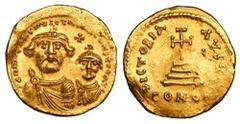 BYZANTINE EMPIRE. Heraklios, 610-641 AD. Gold Solidus (4.37 gm) of Constantinople. Crowned facing busts of emperor & son / Cross on four steps. S.739. aXF.