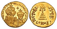 BYZANTINE EMPIRE. Constans II, 641-668 AD. Gold Solidus (4.39 gm) of Constantinople. Crowned facing busts of emperor & son / Cross on steps. S.960. XF+, grafittio on rev. Scarce.