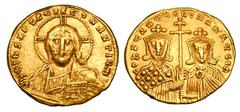 BYZANTINE EMPIRE. Constantine VII, 913-959 AD. Gold Solidus (4.43 gm) of Constantinople. Facing bust of Christ / Cross between facing busts of Emperor & Romanos II. S.1751. aXF.