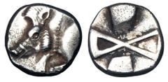 Greek LYCIA. Pre-Dynastic issue, 520-470 BC. AR Third Stater (2.77 gm). Forepart of boar left / Incuse square, three sides with lugs, large X at center. Falghera.20. SNG.vAul.4051. Toned VF+. Rare.
