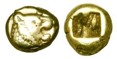Greek KINGDOM of LYDIA. Before Kroisos, 650-561 BC. Electrum Hemihekte (1.14 gm). Head of roaring lion with wart on nose / Incuse square. Rosen.654. Weid.90. SNG.Kay.450. VF, c/m on edge