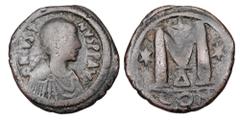 Byzantine BYZANTINE EMPIRE. Justin I, 518-527 AD. AE Follis (17.52 gm) of Constantinople, off. Delta. Diademed bust / Large M. S.62. Fine+, brown patina.