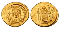 Byzantine BYZANTINE EMPIRE. Justinian I, 527-565 AD. Gold Solidus (4.48 gm) of Constantinople. Crowned bust facing / Angel standing, facing. S.139. VF+.