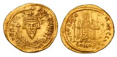 Byzantine BYZANTINE EMPIRE. Phokas, 602-610 AD. Gold Solidus (4.49 gm) of Constantinople. Crowned facing bust / Angel standing. S.618. aXF, d/s on obv legend, graffitto on rev.